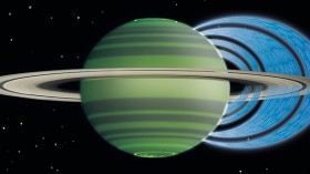 This artist's concept illustrates how charged water particles flow into the Saturnian atmosphere from the planet's rings, causing a reduction in atmospheric brightness