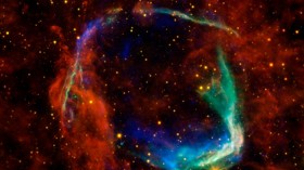 All that remains of the oldest documented example of a supernova, called RCW 86, is seen in this image, a combination of data from four different space telescopes to create a multi-wavelength view, re