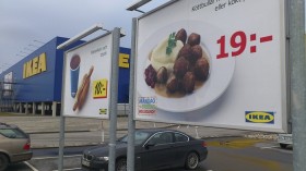 A billboard advertising Ikea meatballs is seen in the parking lot at the Ikea store in Malmo February 25, 2013.