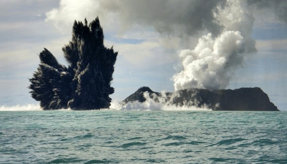 Smoke is seen after an underwater volcano erupted in Hunga Ha'apai, Tonga March 18, 2009. 