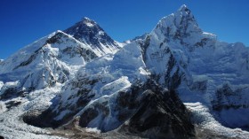 A new study finds a decline in snow and ice on Mount Everest (second peak from left) and the national park surrounding it. 