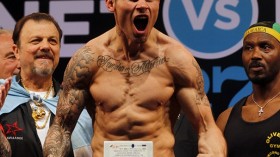 Martin Murray of Britain reacts to fans during an official weigh-in with WBC middleweight champion Sergio Martinez of Argentina (not pictured) in Buenos Aires, Nevada April 26, 2013