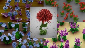 These false-color SEM images reveal microscopic flower structures created by manipulating a chemical gradient to control crystalline self-assembly.