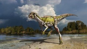  This is a life reconstruction of the new small-bodied, plant-eating dinosaur Albertadromeus syntarsus.