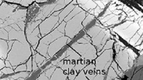 Electron microscope image showing the 700-million-year-old Martian clay veins containing boron (100 µm = one tenth of a millimeter).