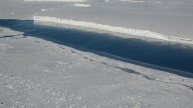 The ice front of Venable Ice Shelf, West Antarctica, in October 2008, is an example of a small-size ice shelf that is a large melt water producer. 