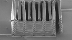 Interlaced stack of electrodes that were printed layer by layer to create the working anode and cathode of a microbattery.