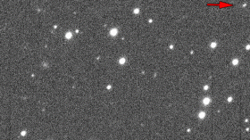 Asteroid 2013 MZ5 as seen by the University of Hawaii's PanSTARR-1 telescope. The asteroid moves relative to a fixed background of stars. 