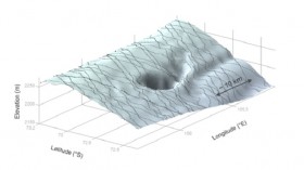 3D view of the crater created using CryoSat data. The satellite can measure both area and depth, allowing scientists to calculate the total volume of the crater: six cubic km.