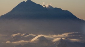 An aerial view shows Redoubt Volcano, located 100 miles (160 km) southeast of Anchorage, Alaska,