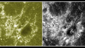 These two images show a section of the sun as seen by IRIS, on the right and NASA's SDO on the left. The IRIS image provides an unprecedented view of the sun's lower atmosphere