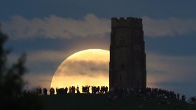 Strawberry Moon Rises Over Glastonbury Tor