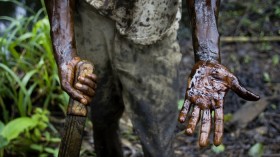 Worker in the Niger Delta cleans up an oil spill. 