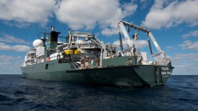 Falkor deploying ROV Global Explorer MK3 in the Gulf of Mexico on November 9, 2012.  