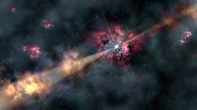 This artist's illustration depicts a gamma-ray burst illuminating clouds of interstellar gas in its host galaxy.