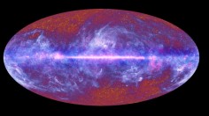 The microwave sky as seen by Planck. Mottled structure of the CMB, the oldest light in the universe, is displayed in the high-latitude regions of the map. The central band is the plane of our galaxy, 