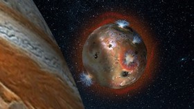 An artist’s rendering depicts Io’s volcanic plumes creating the atmosphere in sunlight.