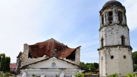 The collapsed facade of the Holy Trinity Parish in Loay Town is seen after an earthquake struck Bohol province, central Philippines, October 15, 2013.