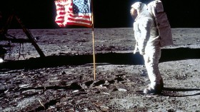 Buzz Aldrin Poses next To The U.S. flag On Moon