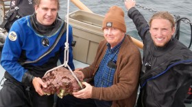 Researchers are pictured with sample of arctic algae.