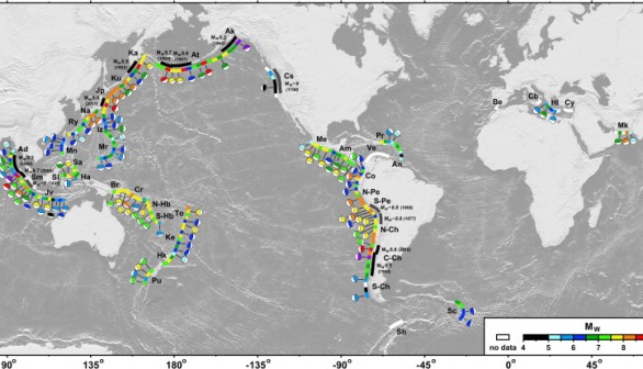 Global map showing the location of the active subduction zones.