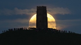 Strawberry Moon Rises Over Glastonbury Tor