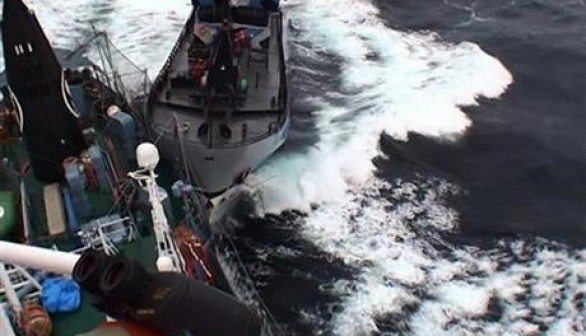 Japanese Whaling Vessel (left) and Anti-Whaling Protest Boat Collided Sunday Off the Coast of Antarctica. No One was Injured and Both Parties Blame Each Other for the Crash.