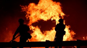 A wind driven wildfire in the hills of Canyon Country north of Los Angeles, California