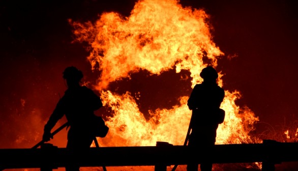 A wind driven wildfire in the hills of Canyon Country north of Los Angeles, California