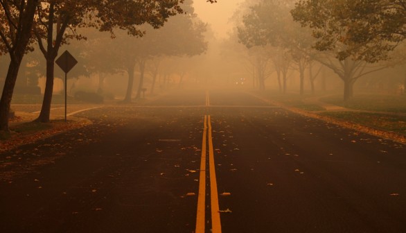 A deserted street is seen during the wind-driven Kincade Fire in Windsor, California