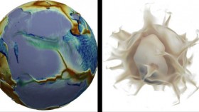 Images of the numerical solution at the moment when a supercontinent (left, in purplish grey) begins to break up.