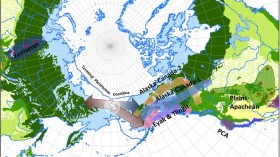 The image is a polar projection map of Asia and North America showing the approximate terminal Pleistocene shoreline