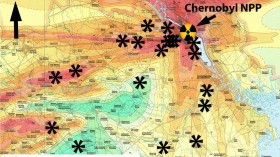  Pictured is a chart of background radiation levels in the Chernobyl area. 