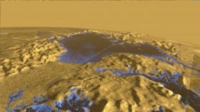 This false-color image of the surface of Titan was made using radar measurements made by NASA's Cassini spacecraft.