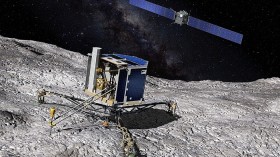 Pictured is an artist's conception of the Philae lander on the comet with Rosetta in the background. 