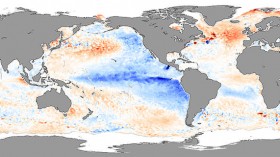 This image shows the temperature for the top millimeter of the ocean’s surface—the skin temperature—for November 2007 compared to the long-term average.