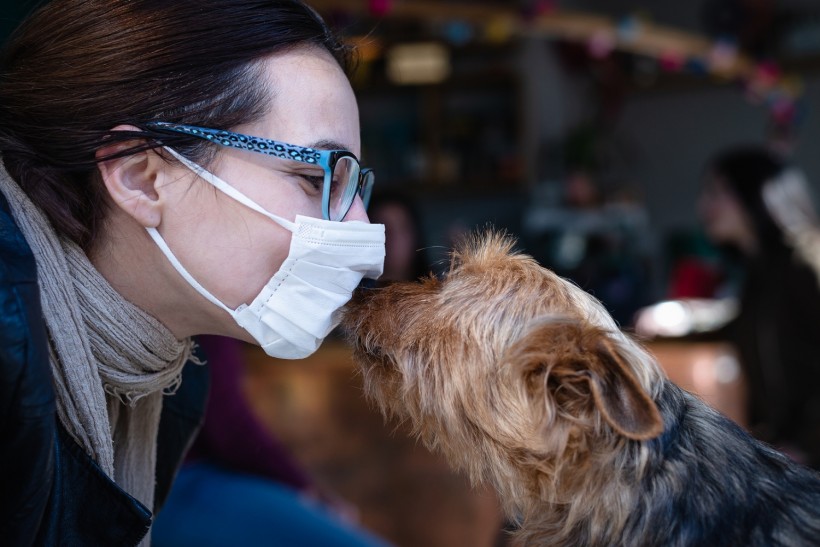 Woman with mask kissing dog.