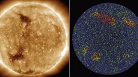 Brightpoints in the sun's atmosphere, left, correspond to magnetic parcels on the sun's surface, seen in the processed data on the right.