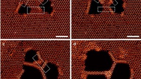 Series of still scanning electron micrographs (a to d) show how the electron beam is used to create nanowires.