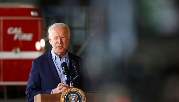U.S. President Joe Biden delivers remarks to reporters after doing a helicopter tour of the Caldor Fire