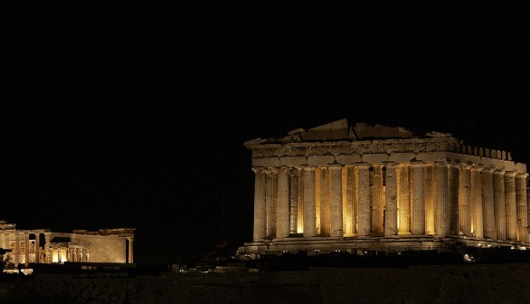 The ancient temple of Parthenon is illum