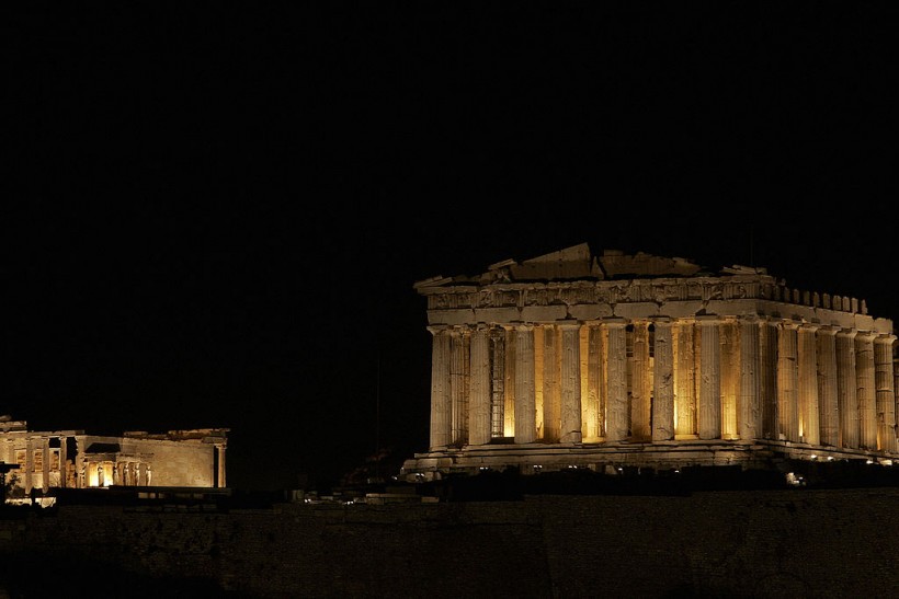 The ancient temple of Parthenon is illum