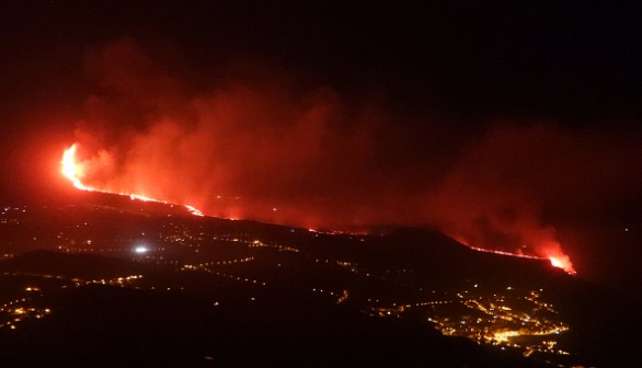 The lava flow from Cumbre Vieja volcano arrives to the ocean in Los Girres beach in Tazacorte on the Canary island of La Palma 