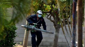 A member of the Health's Secretariat Vector Controls Unit fumigates against mosquitoes
