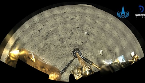 Image of the moon surface taken by the panoramic camera aboard the lander-ascender combination of the Chang'e-5 spacecraft after landing on the moon.