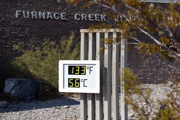 An unofficial thermometer reads 133 degrees Fahrenheit/56 degrees Celsius at Furnace Creek Visitor Center in Death Valley National Park, California