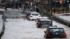 Cars submerge by water in flooded streets of Bayonne, southwestern France 