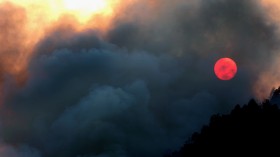 The sun dimmed by dense fog during a mountain forest fire 