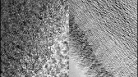 Transmission electron microscopy images of pristine graphite (left) and expanded graphite (right). The scale bar is 10 nanometers.