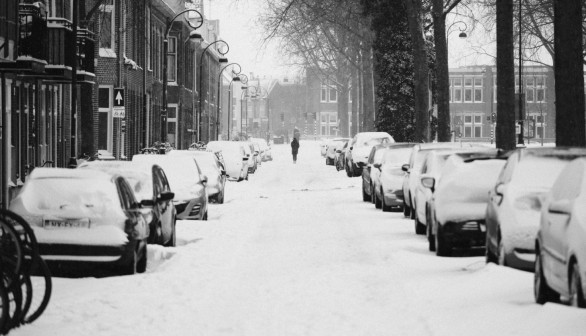 Cold winter day in Haarlem, The Netherlands with heavy wind and a lot of snow